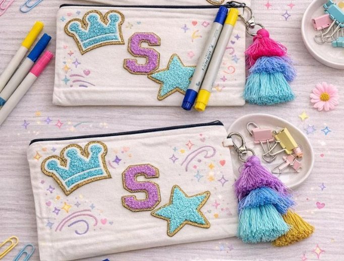 Two canvas zip pouches decorated with iron-on crown, star, and initial patches, shown with fabric markers, tassels, and craft clips