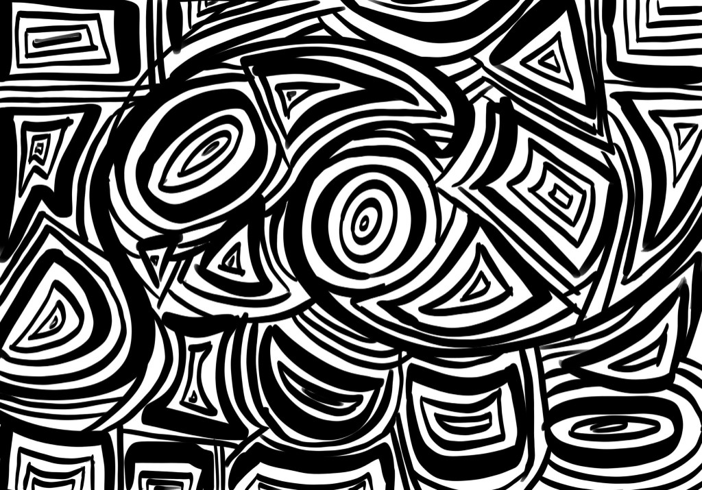A black and white doodle of overlapping spirals, rings, and curved shapes filling the whole page