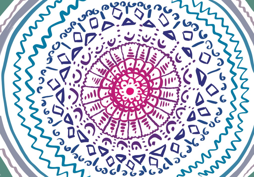 A mandala drawn in pink, purple, and blue ink, built from concentric rings of dots, petals, and small repeating shapes