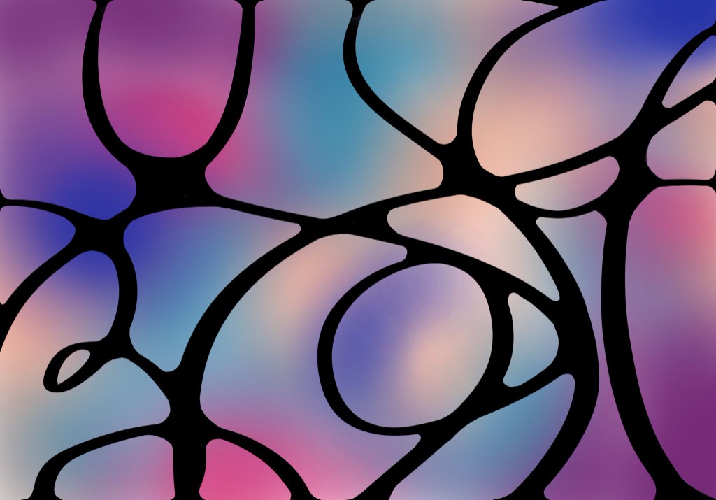Rounded, petal-like shapes scratched from a black surface, revealing soft pink, blue, and purple gradients