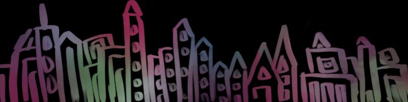 A city skyline scratched out of a black surface, revealing pink, green, and blue color underneath each building